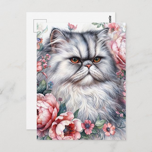 Cartão Postal Flores Rosa-Gata Persa Arte Aquecida (Frente/Verso)