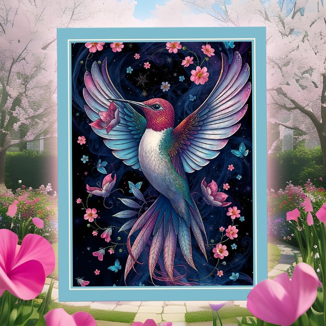 Cartão Postal Flores Rosa, Iridescentes, Garganta Magnética (Exotic Hummingbird postcard, wings spread in magical flight, pink & blue flowers, beautiful artistic)