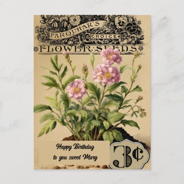 Cartão Postal Flores Rosa Vintage Três centavos de Aniversário (Frente)