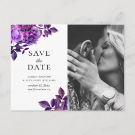 Cartão Postal Flores roxas aquarela. Floral Save the Date