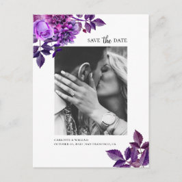 Cartão Postal Flores roxas aquarela. Save the Date floral