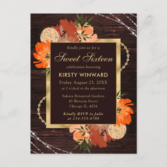 Cartão Postal Flores Rústicas Laranja Queimada de Outono Anivers (Frente)