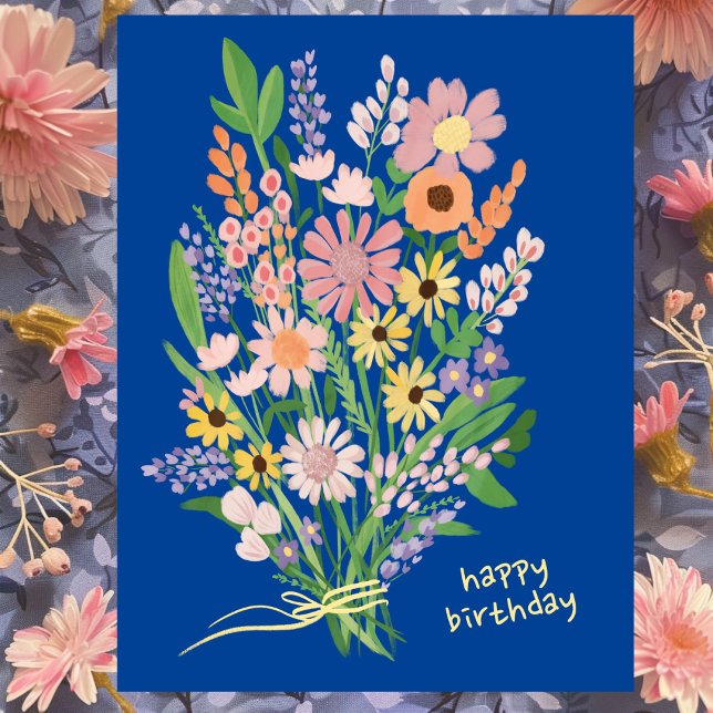 Cartão Postal Flores Selvagens Pintadas com Gouache Feliz Aniver (Wildflowers Handpainted Bouquet Gouache Happy Birthday Blue Postcard
)