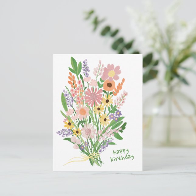 Cartão Postal Flores Selvagens Pintadas com Gouache Feliz Aniver (Em pé/Frente)