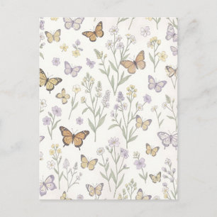 Cartão Postal Flores Silvestres Borboletas Pastel Prado Botânico