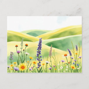 Cartão Postal Flores Silvestres em Aquarela e Colinas Suaves