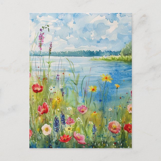 Cartão Postal Flores silvestres junto a um lago (Frente)