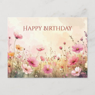Cartão Postal Flores silvestres rosa e creme Feliz Aniversário