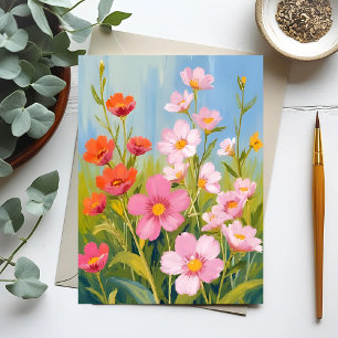 Cartão Postal Flores Silvestres Rosa   Pintura Floral em Aquarel