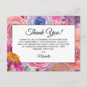 Cartão Postal Flores Silvestres Roxas Rosa Aniversário de 90 ano