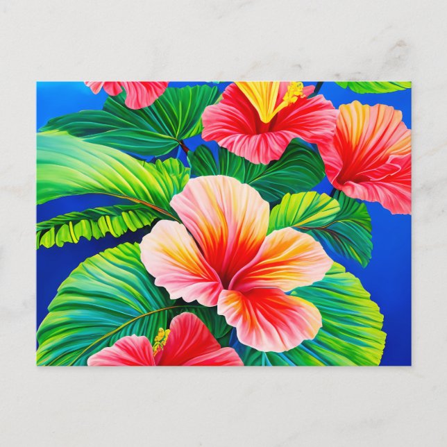 Cartão Postal Flores tropicais vermelhas hibiscus havaianas e ve (Frente)