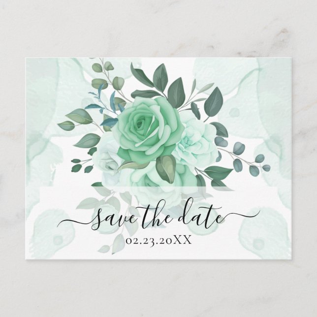 Cartão Postal Flores Verdes de Aquarela Salve a Data  (Frente)