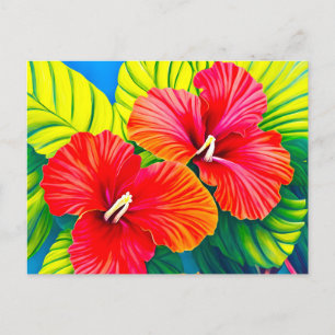 Cartão Postal Flores vermelhas hibiscus havaianas com folhas ver