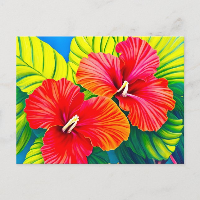 Cartão Postal Flores vermelhas hibiscus havaianas com folhas ver (Frente)
