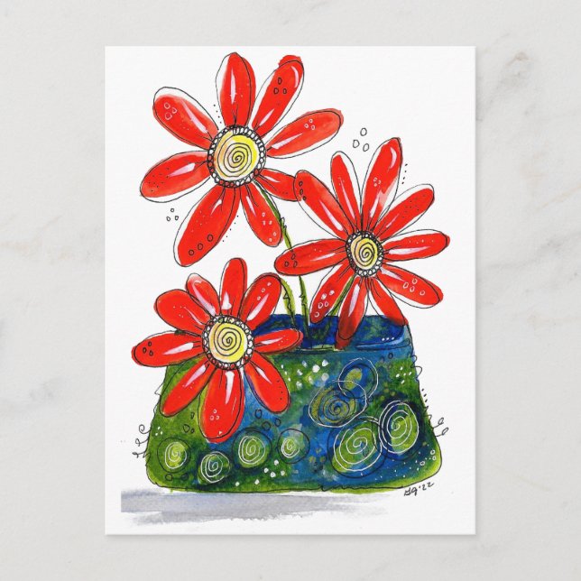 Cartão Postal Flores Vermelhas Whimsical (Frente)