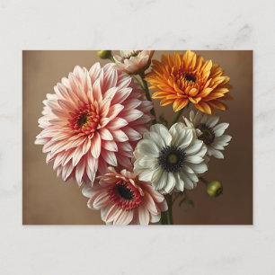 Cartão Postal Flores Vintage Dahlias e Anemones