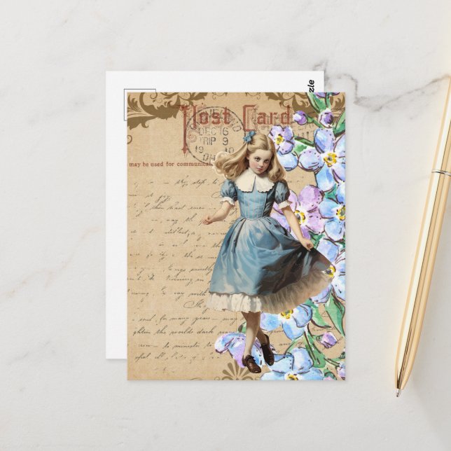 Cartão Postal Flores Vintage e Colagem Alice (Frente/Verso In Situ)