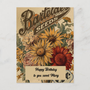Cartão Postal Flores Vintage Três centavos Aniversário
