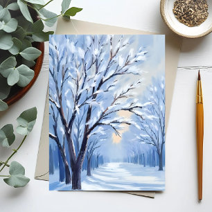 Cartão Postal Floresta Beijada pela Neve Pintura em Aquarela d