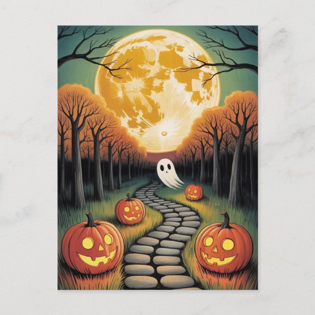 Cartão Postal Floresta da Lua do Fantasma da Abóbora de Hallowee (Frente)