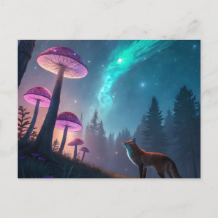 Cartão Postal Floresta de Cogumelos Brilhantes Raposa Arte Fanta