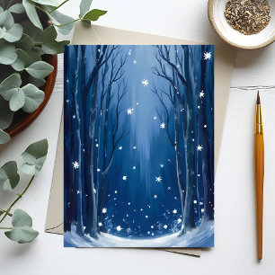 Cartão Postal Floresta de Inverno Azul com Neve Caindo Pintada e