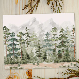 Cartão Postal Floresta de Pinheiros Verde em Aquarela na Montanh
