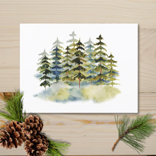 Cartão Postal Floresta de pinheiros verde nebulosa em aquarela v