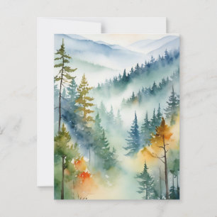 Cartão Postal Floresta de pinheiros verdes montanhosos aquarela