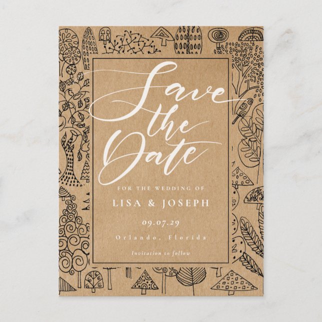 Cartão Postal Floresta de Woodland Rustic Kraft Script Salvar Da (Frente)