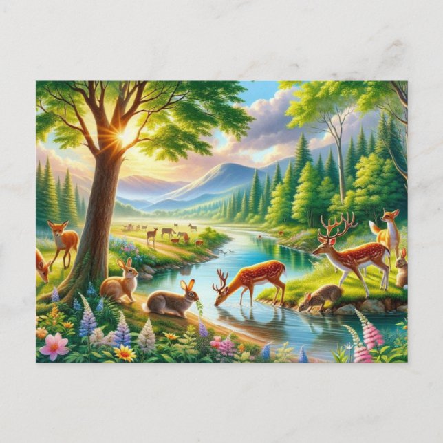 Cartão Postal Floresta Encantada Serene com Pintura de Animais (Frente)