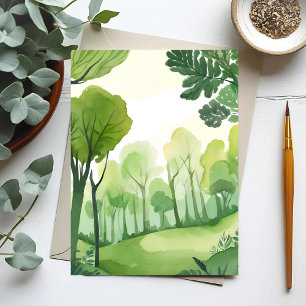 Cartão Postal Floresta Verde Paisagem em Aquarela Arejada