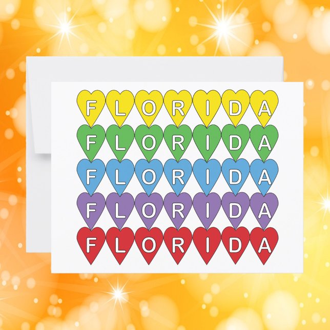 Cartão Postal Flórida Heart Colorful (A postcard with the word Florida in yellow, green, blue, purple & red hearts)