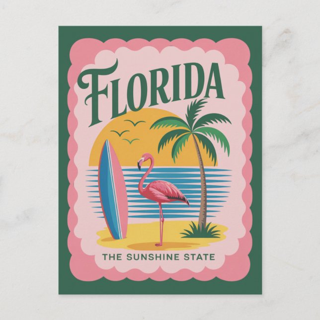 Cartão Postal Flórida O Estado Ensolarado Flamingo de Praia Vint (Frente)
