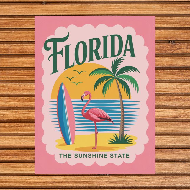 Cartão Postal Flórida O Surf Do Estado Sunshine Retro Flamingo (Florida The Sunshine State Retro Flamingo Surf Postcard
)