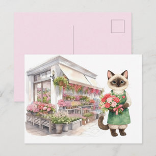 Cartão Postal Florista Gata mãe amantes de gatos siameses na flo