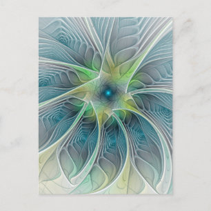 Cartão Postal Flourando Fantasia Moderna Azul Flor Fractal Verde