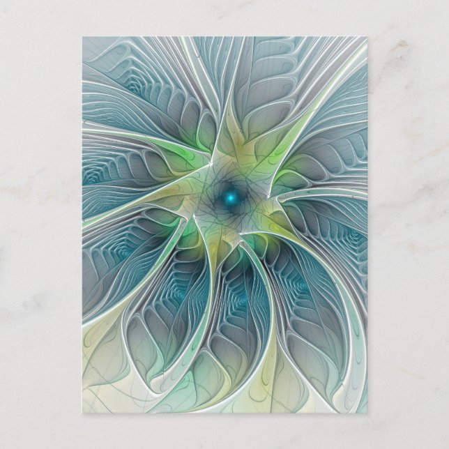 Cartão Postal Flourando Fantasia Moderna Azul Flor Fractal Verde (Frente)