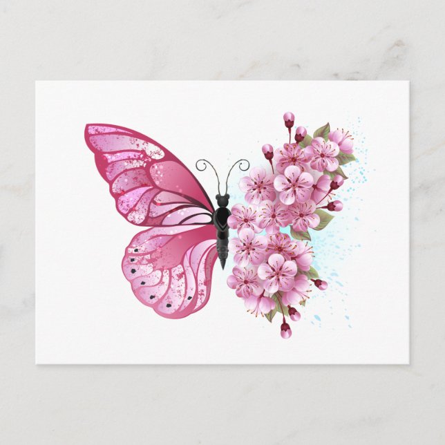 Cartão Postal Flower Butterfly with Pink Sakura (Frente)
