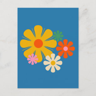 Cartão Postal Flower Locus Reto 60s 70s Floral on Blue Card