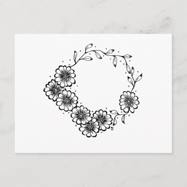 Cartão Postal Flower Wreath black and white (Frente)
