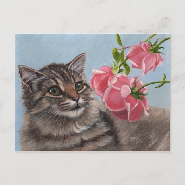 Cartão postal Fluffy Cat e 3 Rosas Rosa (Frente)
