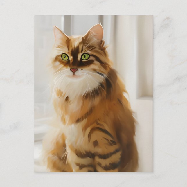 Cartão Postal Fluffy Ginger Cat na janela (Frente)