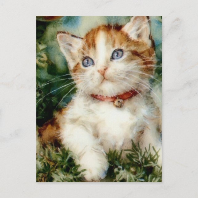 Cartão Postal Fluffy natal cat Watercolor (Frente)