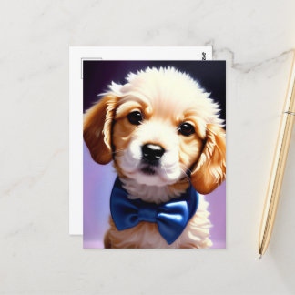 Cartão Postal Fluffy Puppy Adorável w Arco azul