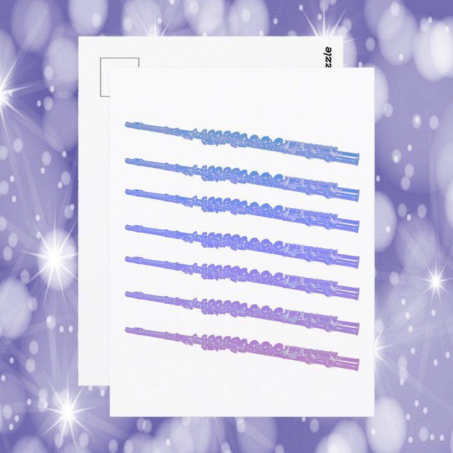 Cartão Postal Flute Musical Instrumento Rosa Púrpura Azul (A postcard with a graphic of pink, blue and purple flutes.)