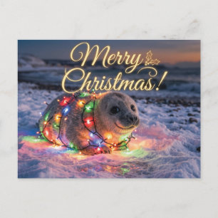 Cartão Postal Foca Bebê Fofa Envolta em Luzes de Natal