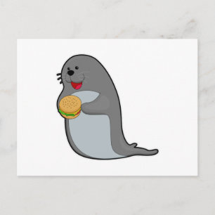 Cartão Postal Foca comendo com hambúrguer