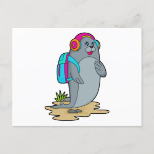 Cartão Postal Foca como Mochileiro com Mochila