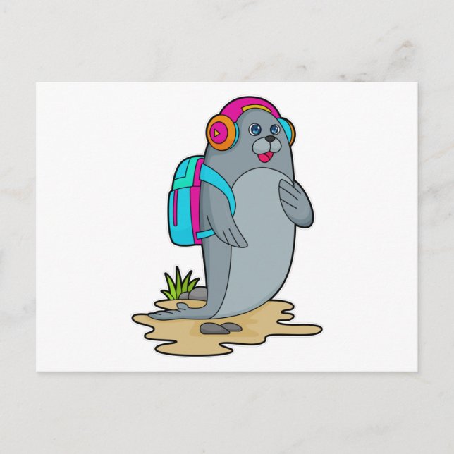 Cartão Postal Foca como Mochileiro com Mochila (Frente)